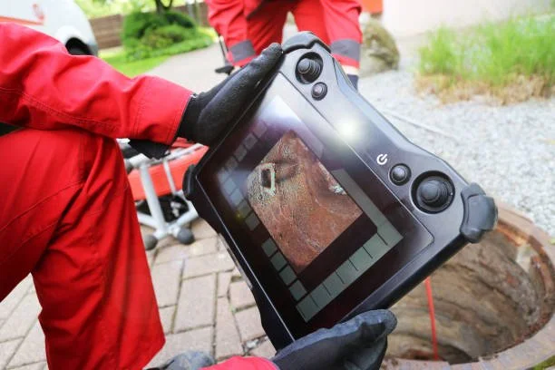 Person in red protective gear inspecting a septic tank with a camera.