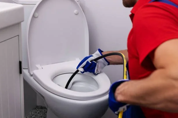 A person cleaning a toilet with a cleaning tool in a bathroom.