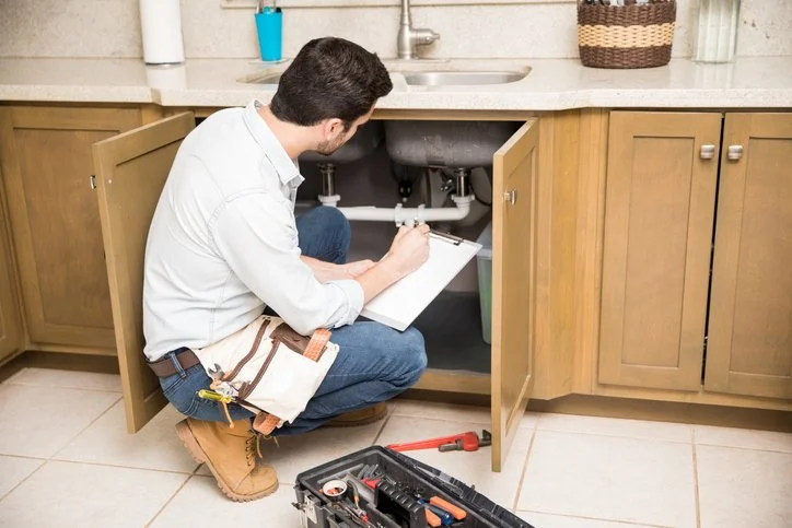 A plumber inspecting under a kitchen sink, taking notes with a clipboard, with tools nearby.