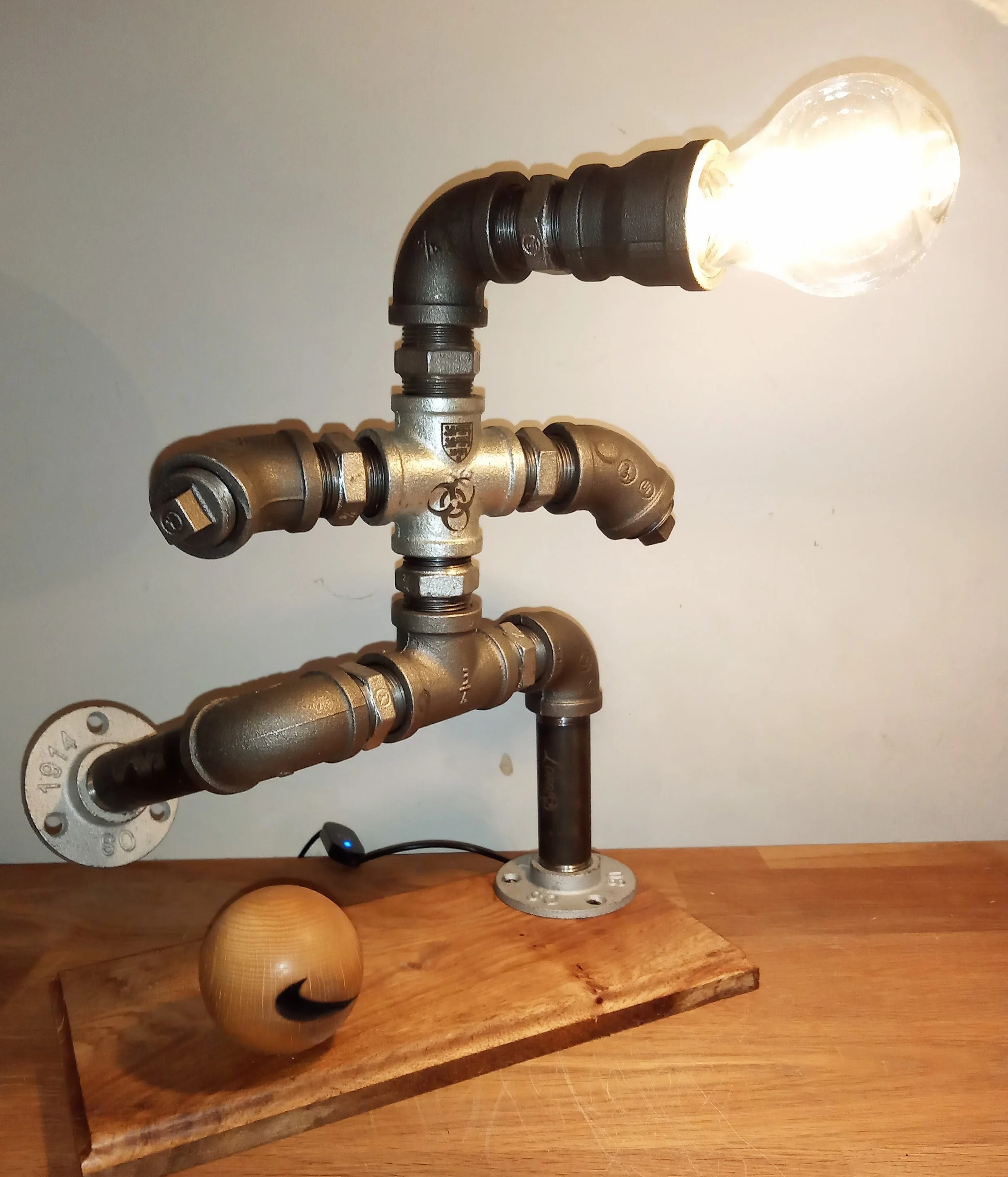 Tattooed Robot Footballer USB Lamp mounted on English Oak
