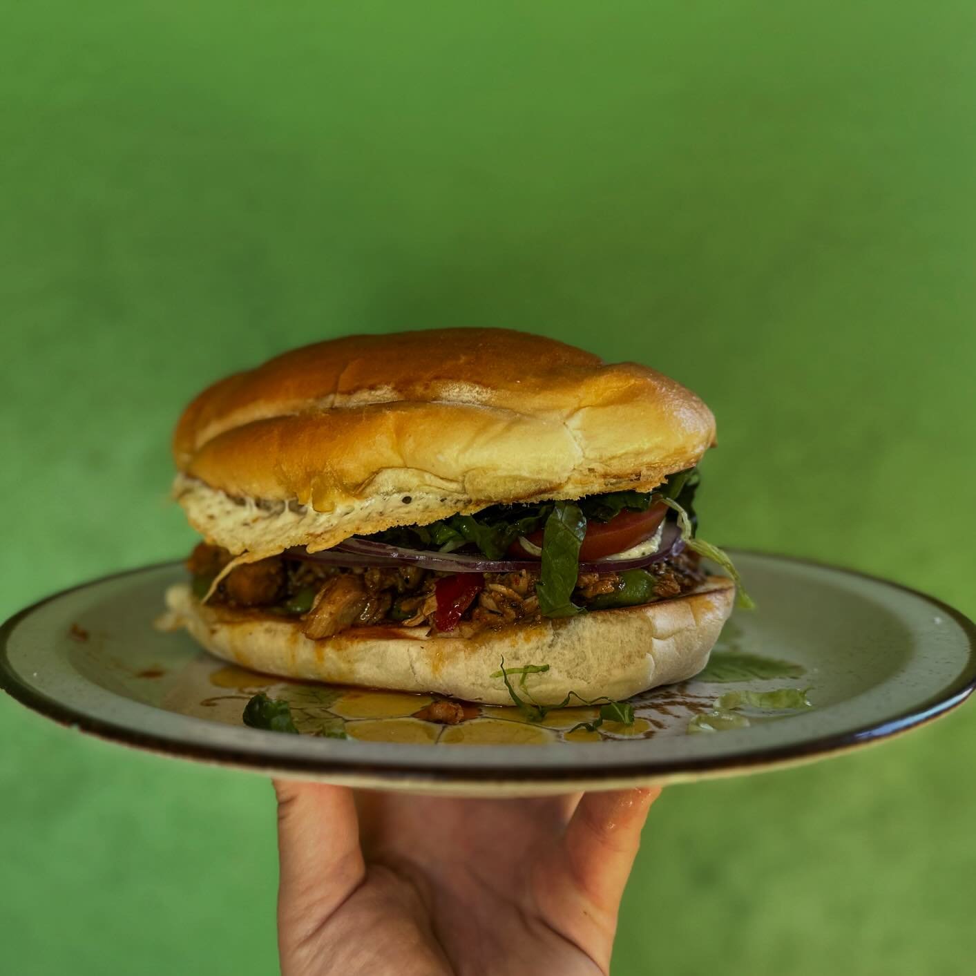 This week we have a chicken torta on special.  Red chili braised chicken, served with melt mozzarella, avocado, lettuce, onion, tomatoes, and poblano crema, served on a talera bun from @mendeztortillas. #weouthere