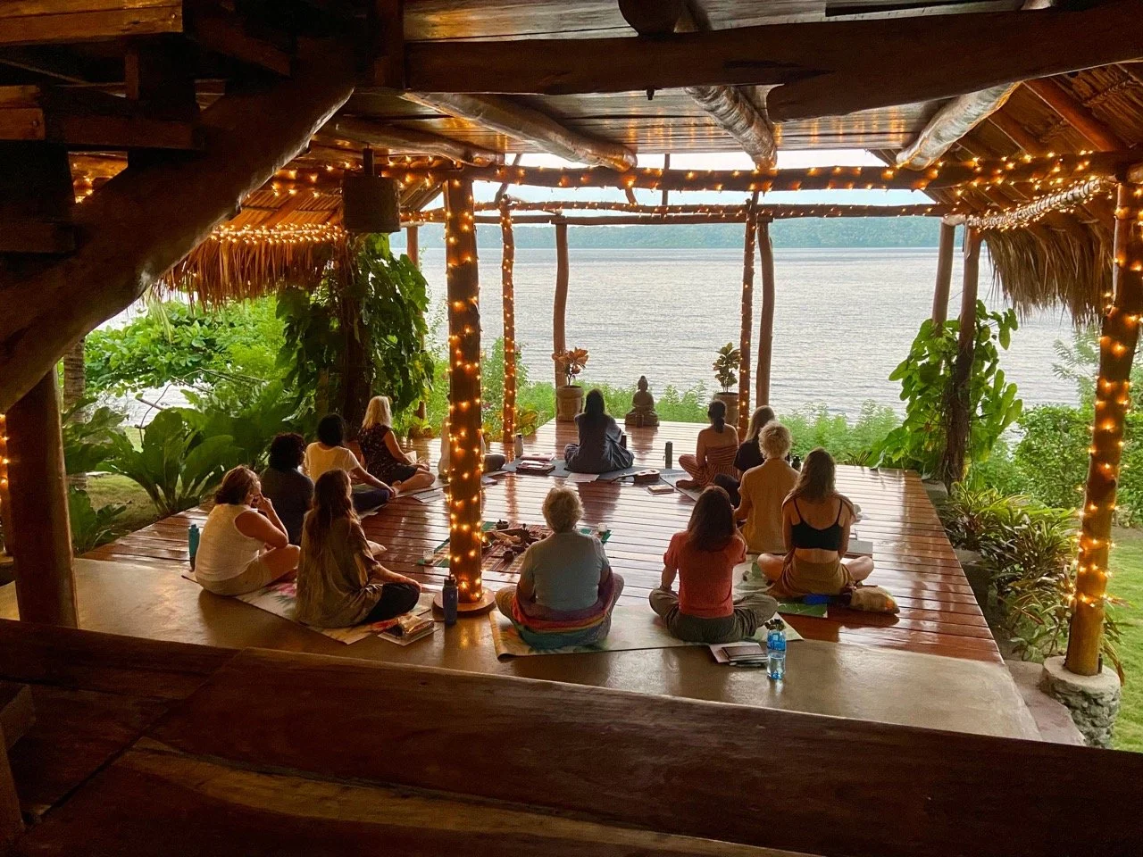 A Retreat Group Meditating at the Yoga Shala in Villa Laguna right in front of the Laguna de Apoyo