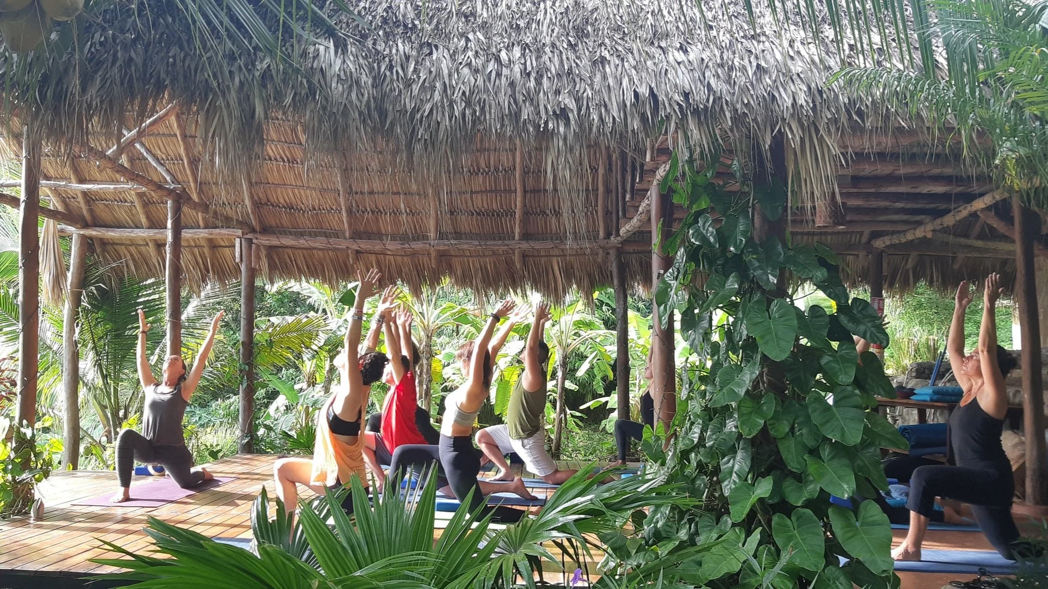 Guests practicing yoga under a thatched roof at Villa Laguna, surrounded by lush tropical greenery.