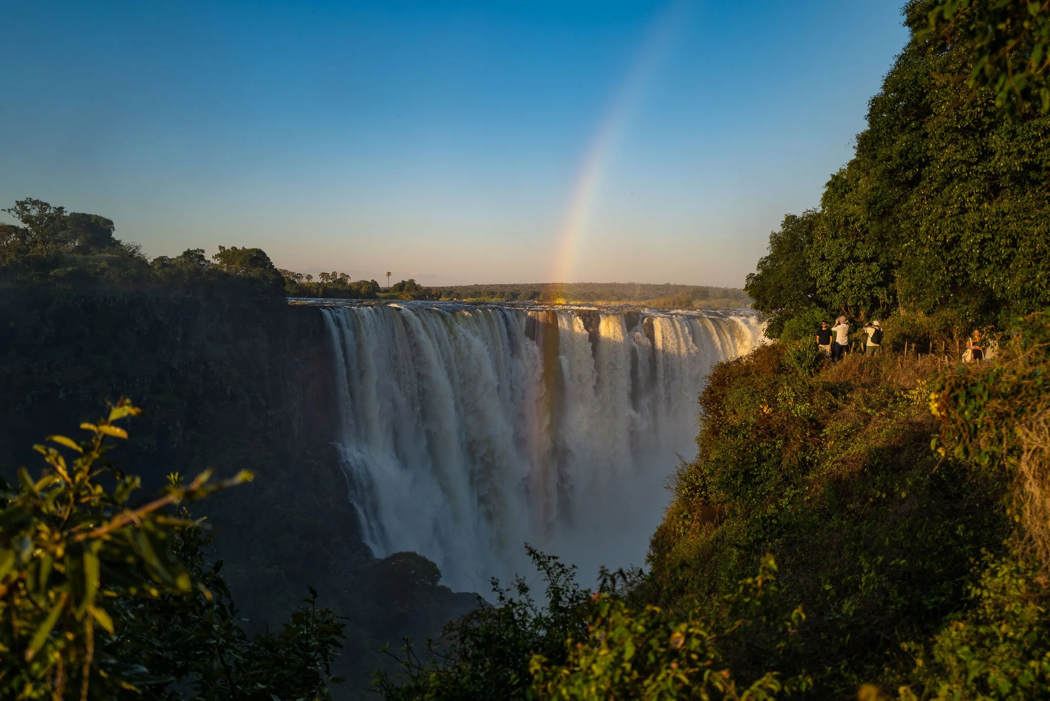 Victoria Falls and the surrounding rainforest with a rainbow above the gorge