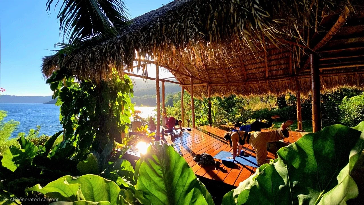 Students practicing yoga at a retreat in Nicaragua, with morning and evening classes held in a waterfront shala.