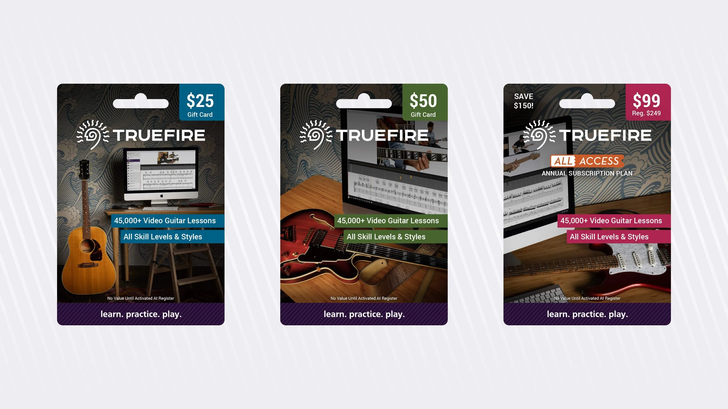 Series of three TrueFire retail gift cards
