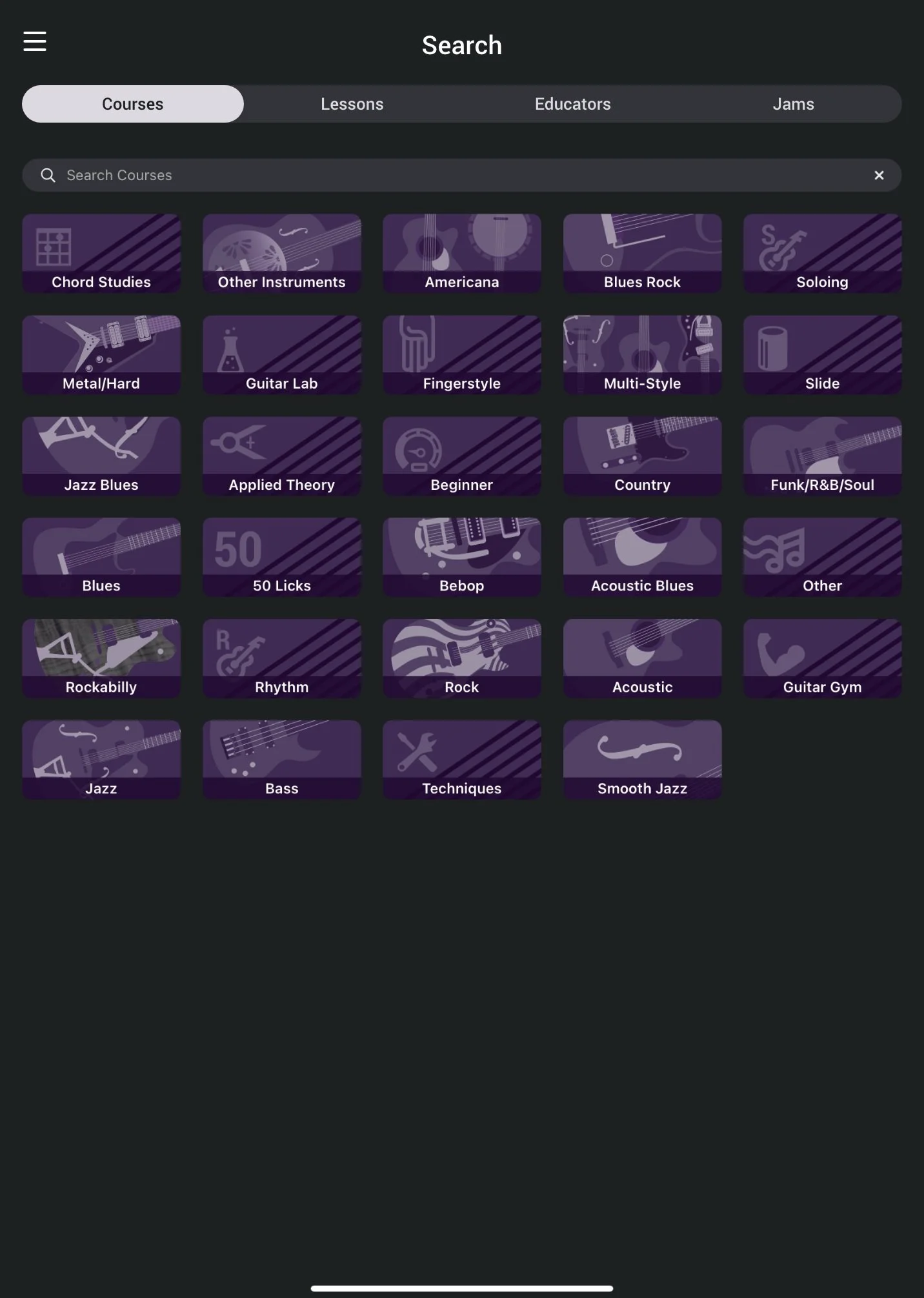 TrueFire app search screen after rebrand featuring filtering options.