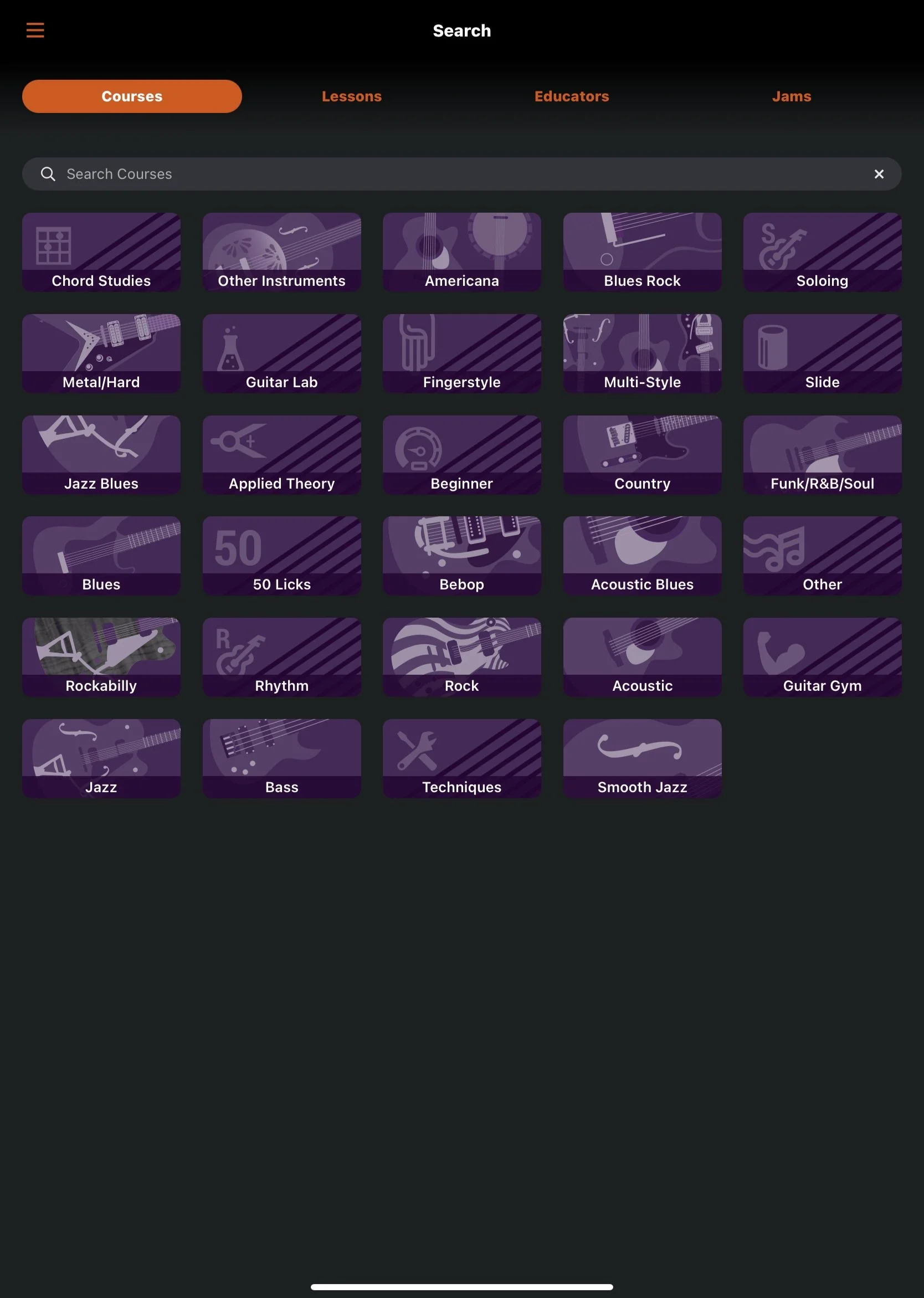TrueFire app search screen before rebrand featuring filtering options.