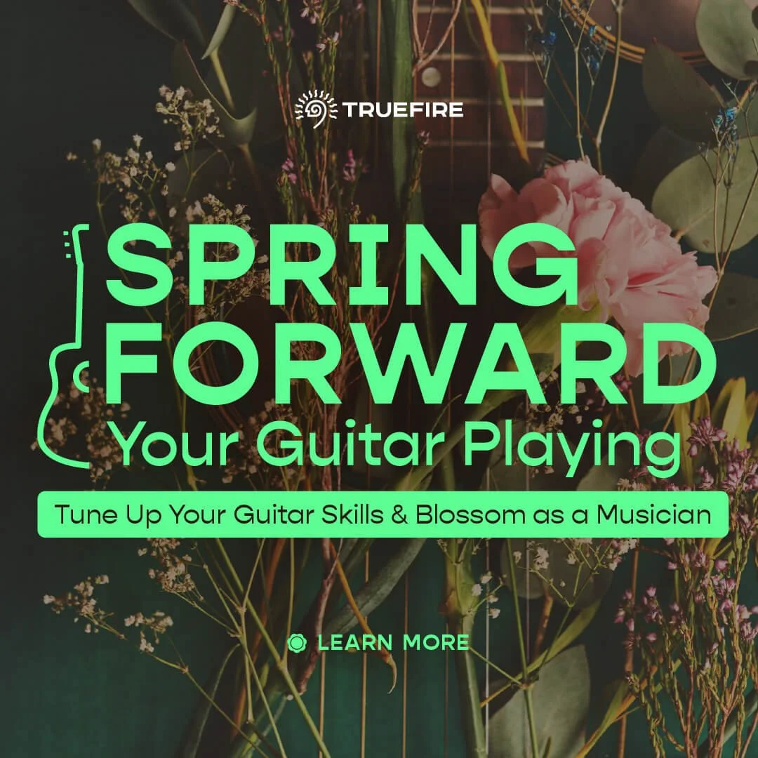 Digital graphic for Spring Forward promotion featuring bright green text over an image on a guitar covered in florwers.