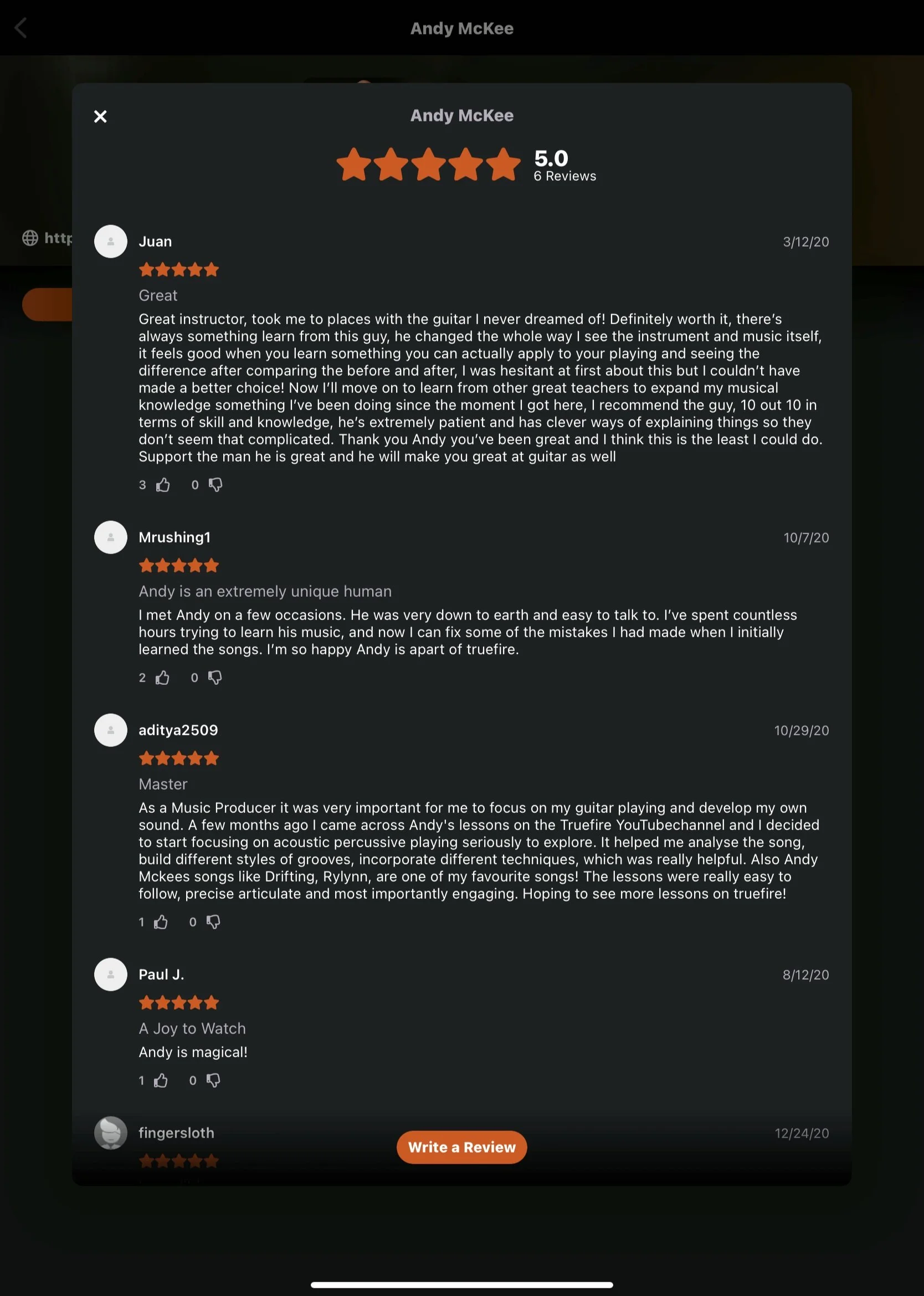 TrueFire app educator reviews before rebrand featuring multiple user reviews.