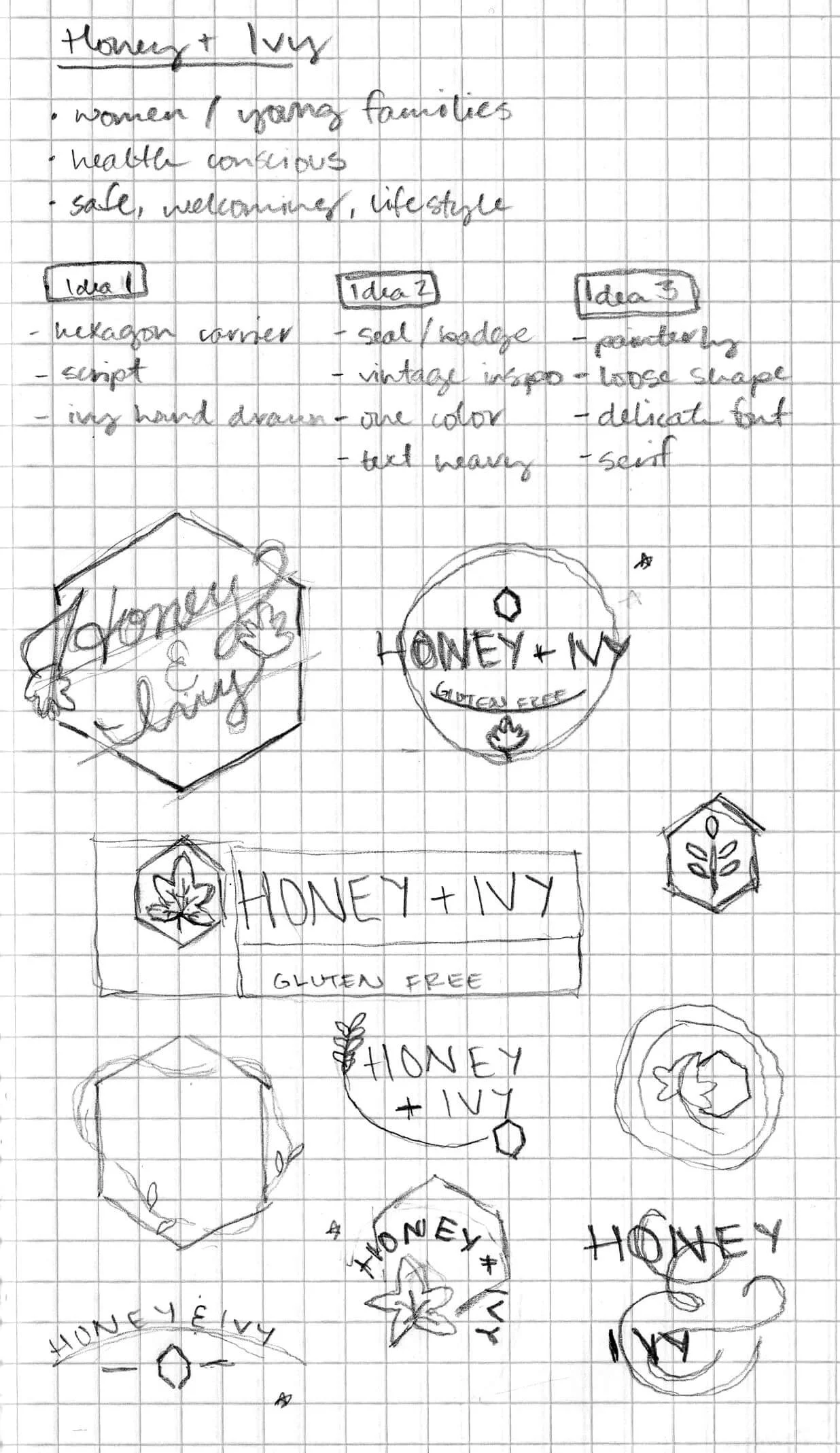 Rough sketches of logo ideas and concepting notes for Honey & Ivy Bakery on gridded paper.