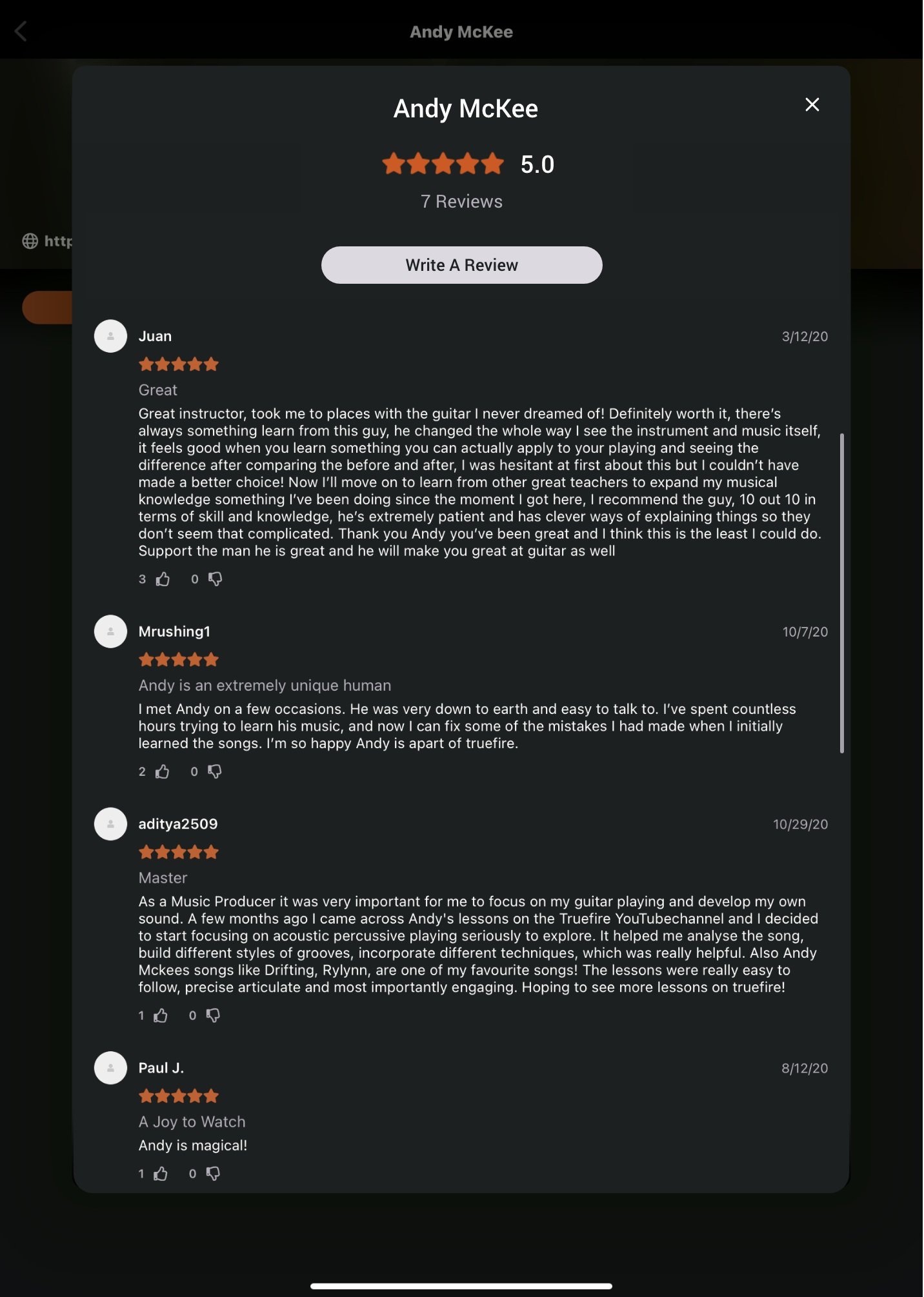 TrueFire app educator reviews after rebrand featuring multiple user reviews.