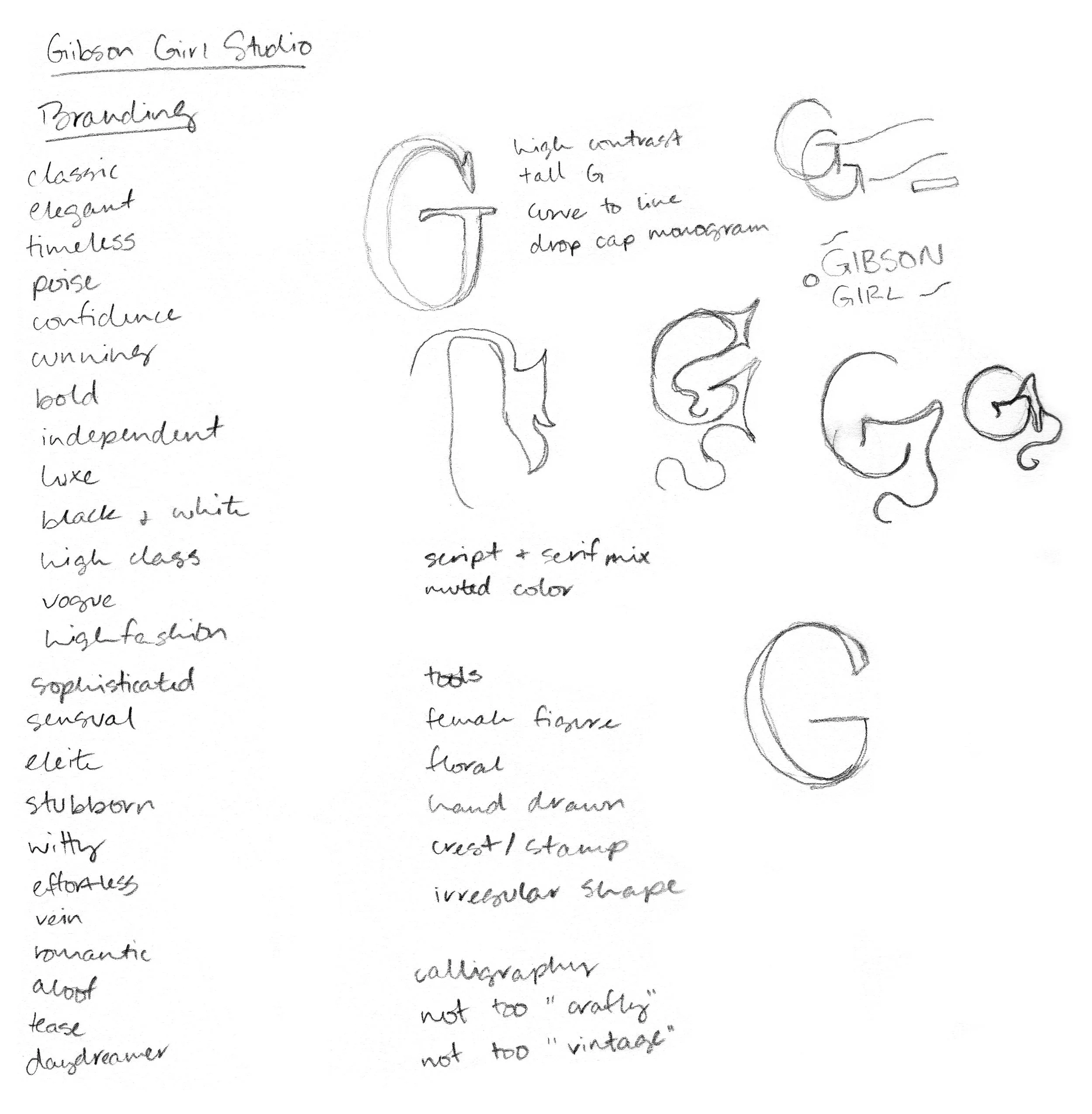 Rough sketches and hand written ideation for Gibson Girl Studio on sketch paper.