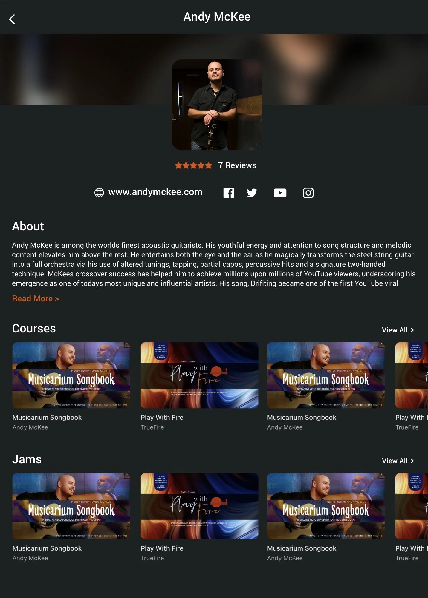 TrueFire app educator profile after rebrand featuring educator image, text, courses and social media links.