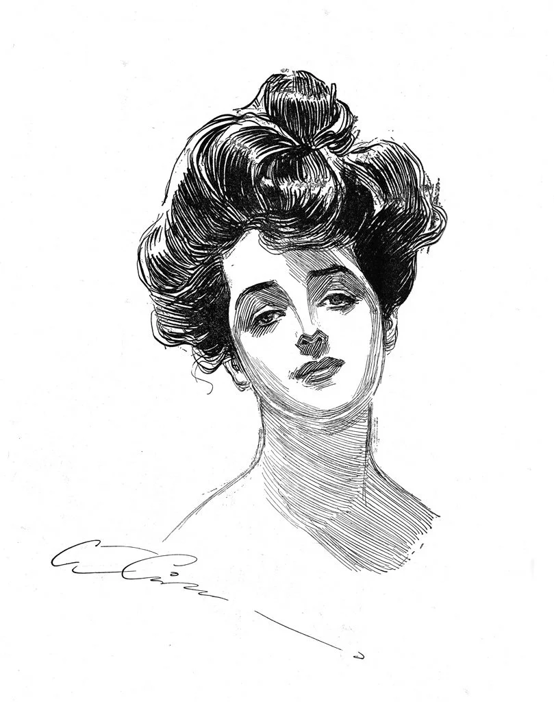Pen and ink drawing of a classic Gibson Girl from the Victorian era.
