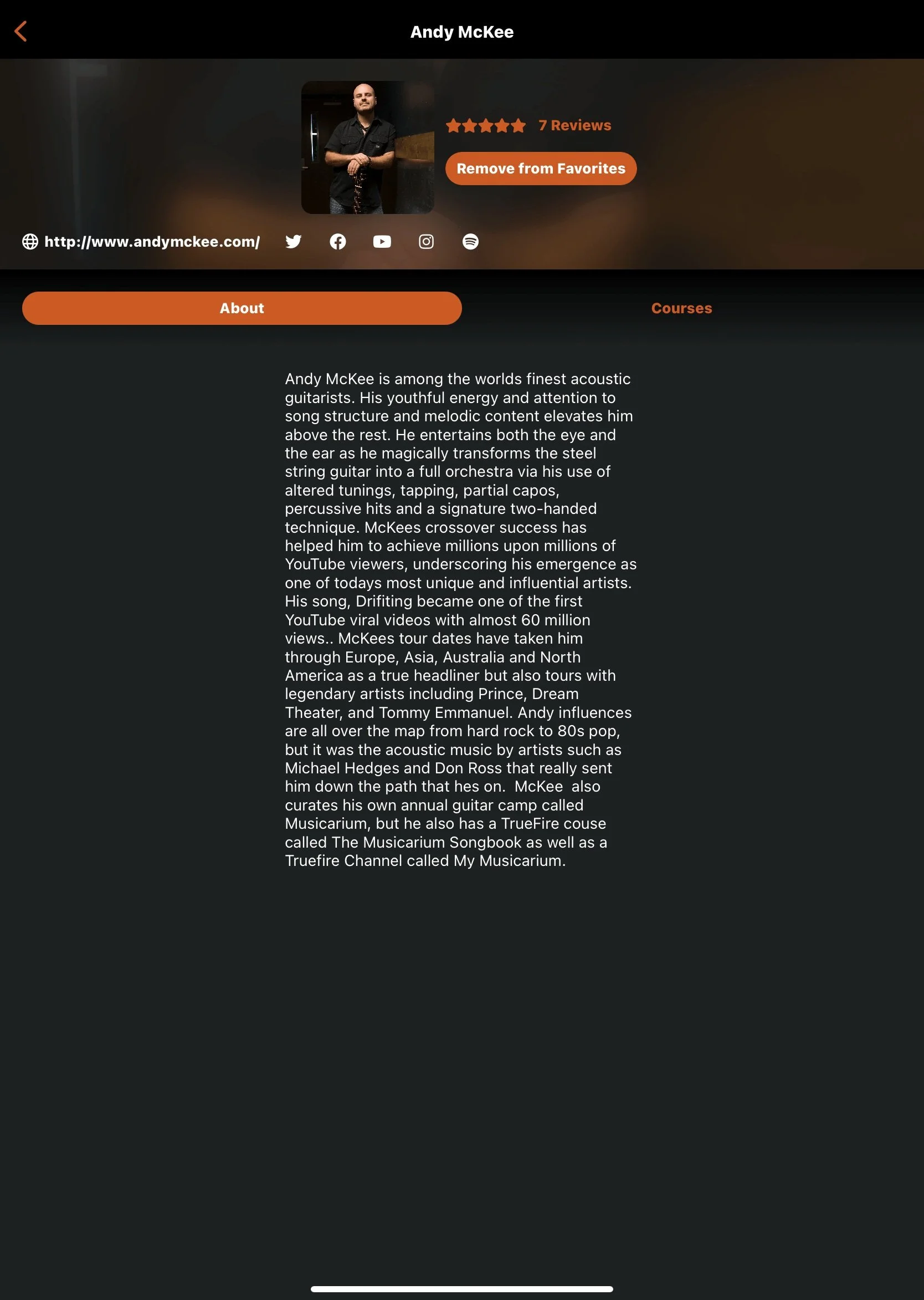TrueFire app educator profile before rebrand featuring educator image, text, and social media links.