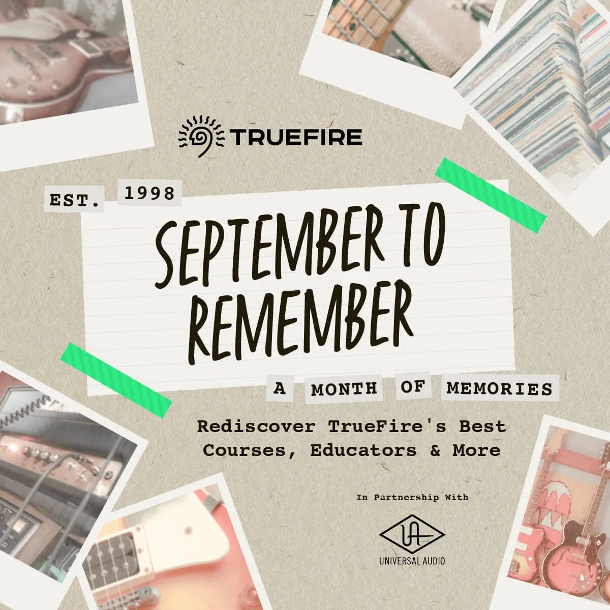 Digital graphic for September to Remember promotion featuring handwriting text surrounded by polaroid images of music related things on a brown kraft paper background.
