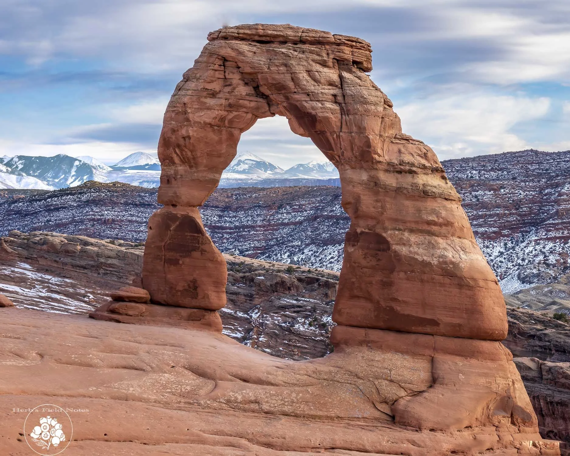 Natural rock formation known as the Delicate Arch in Arches National Park, Utah, with snow-capped mountains and cloudy sky in the background.