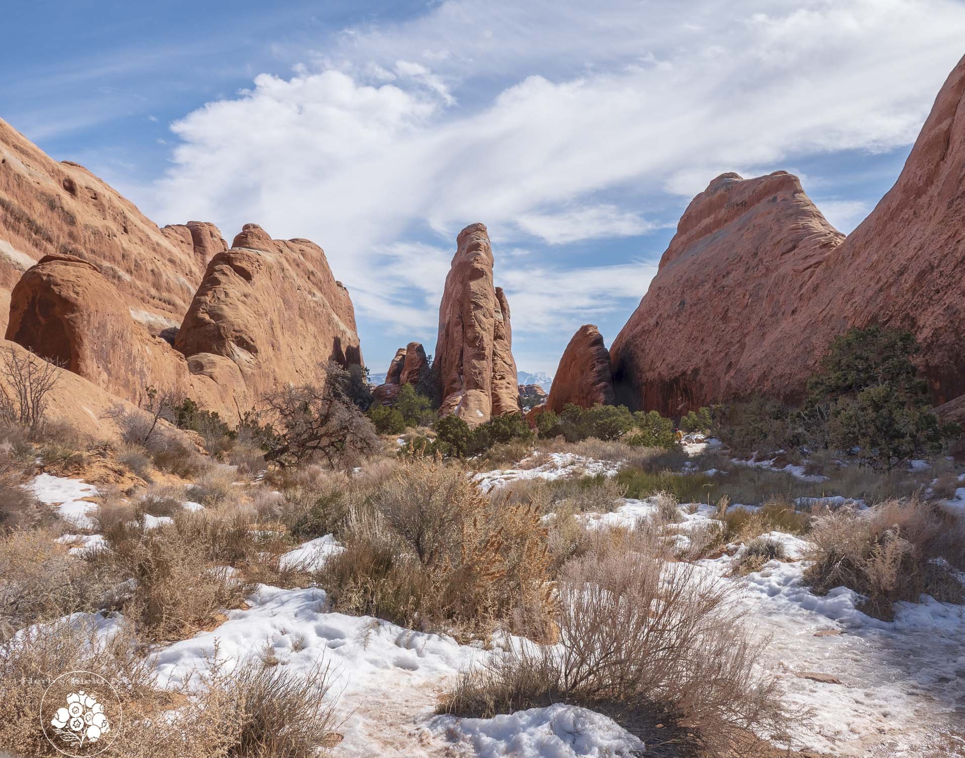 Red rock formations under a partly cloudy sky, with patches of snow and sparse desert vegetation in the foreground.