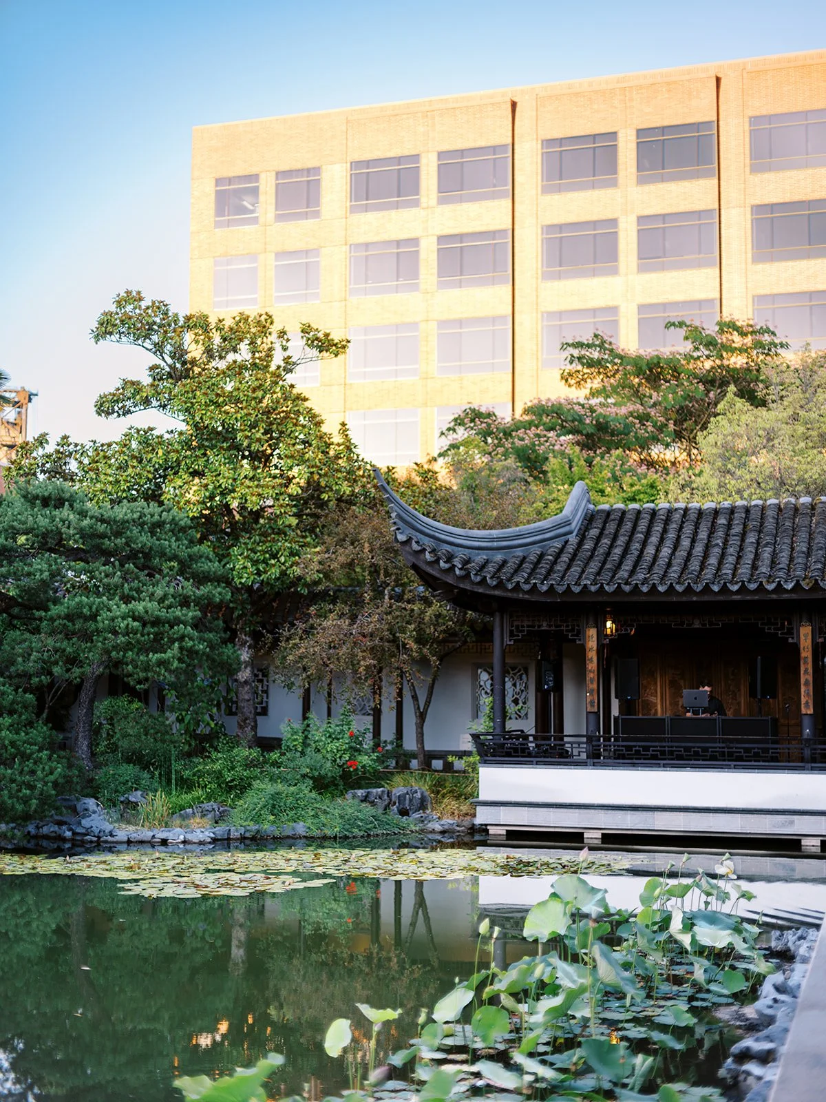 Wide golden-hour view of Lan Su Chinese Garden, the central lake reflecting the pavilion's curved roofline, lotus pads covering the water's surface and mature trees surrounding the garden.