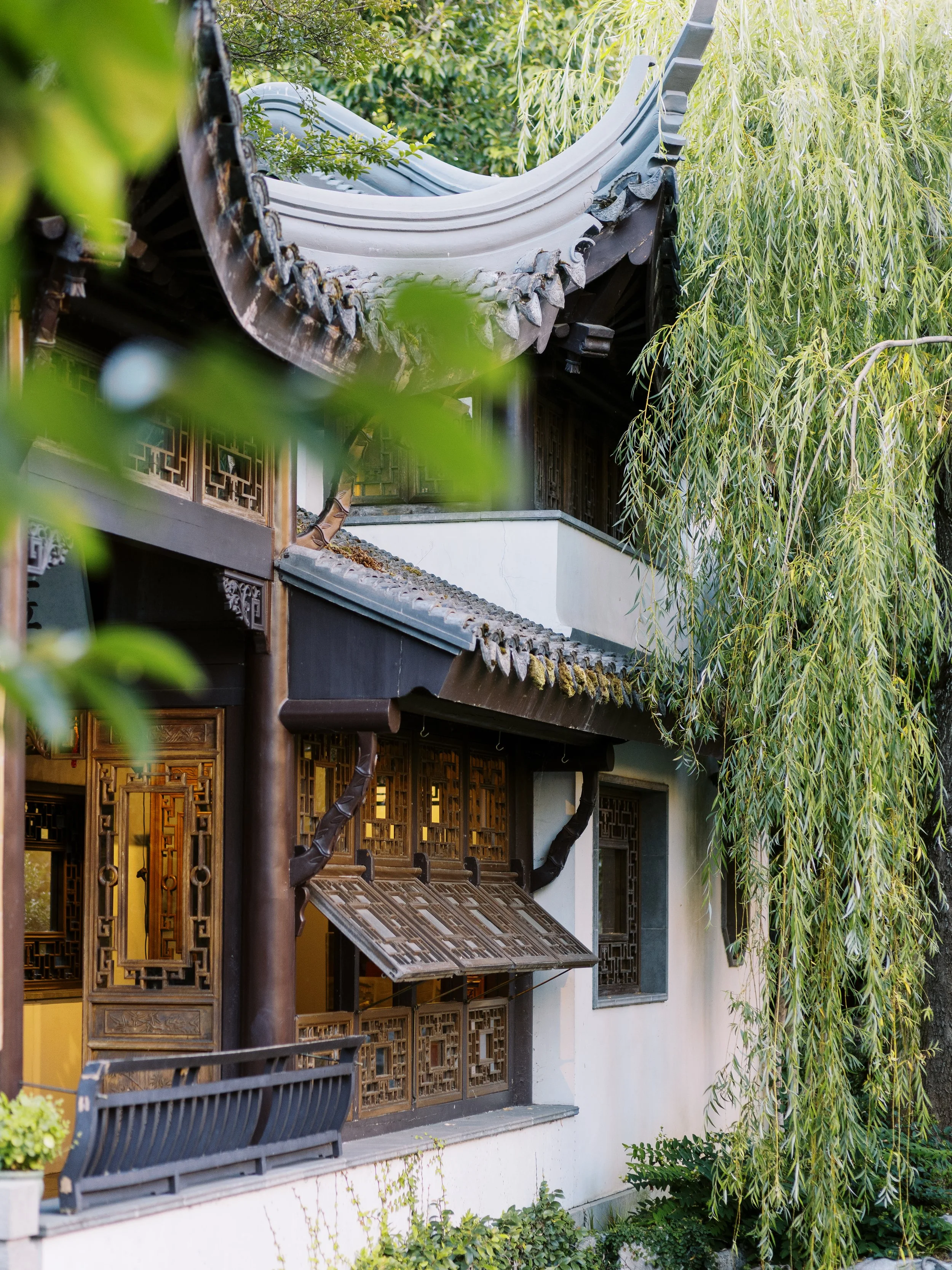 Detail of a traditional Chinese building with intricate woodwork and a curved roof, partially hidden by willow branches.