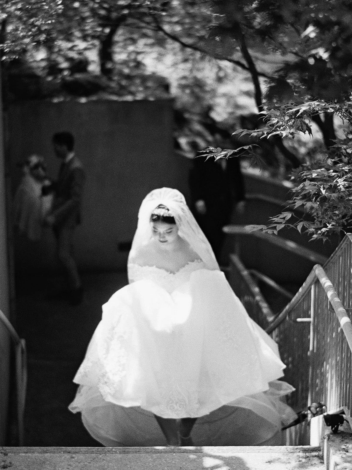 Black and white photo of bride walking down outdoor steps in a flowing gown and veil beneath leafy trees.