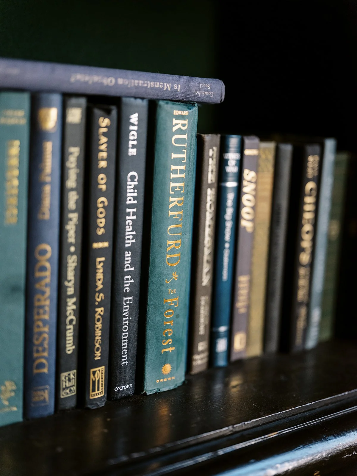 Close-up of vintage books lined along dark wooden library shelf.