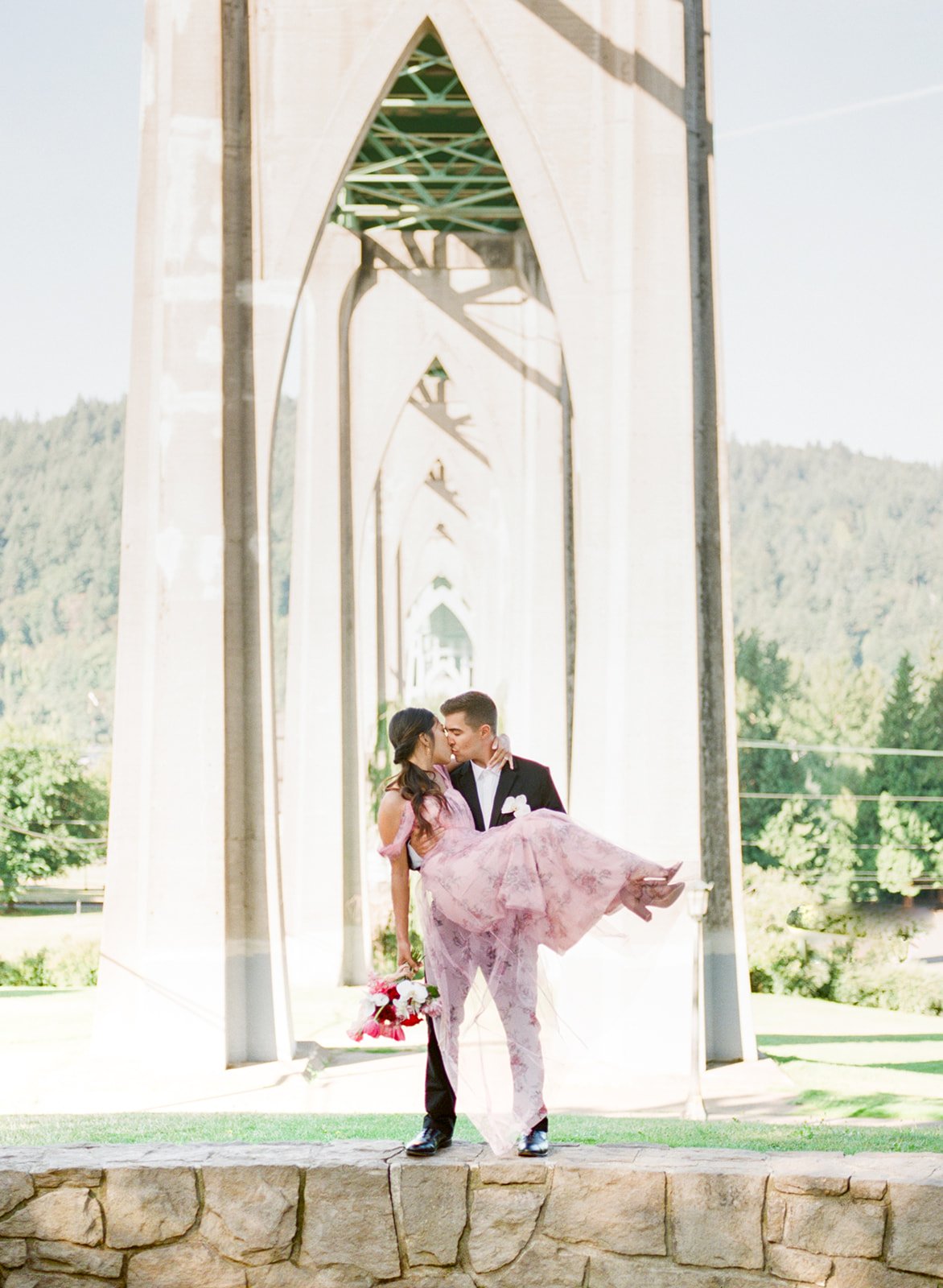 Cathedral Park Engagement Photos in Portland | St. Johns Bridge Arches + A Pink gown