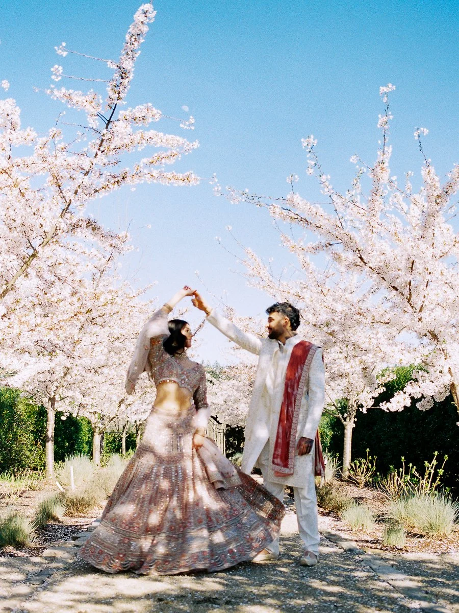 South Asian groom twirling bride in embellished blush lehenga beneath cherry blossoms at Chateau de Lis wedding.
