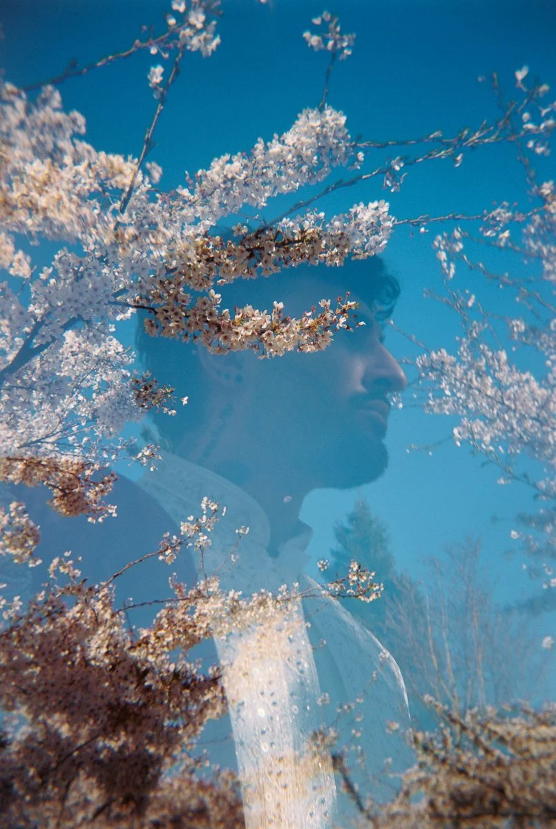 Artistic double exposure portrait of South Asian groom layered with blooming cherry blossom branches against blue sky.