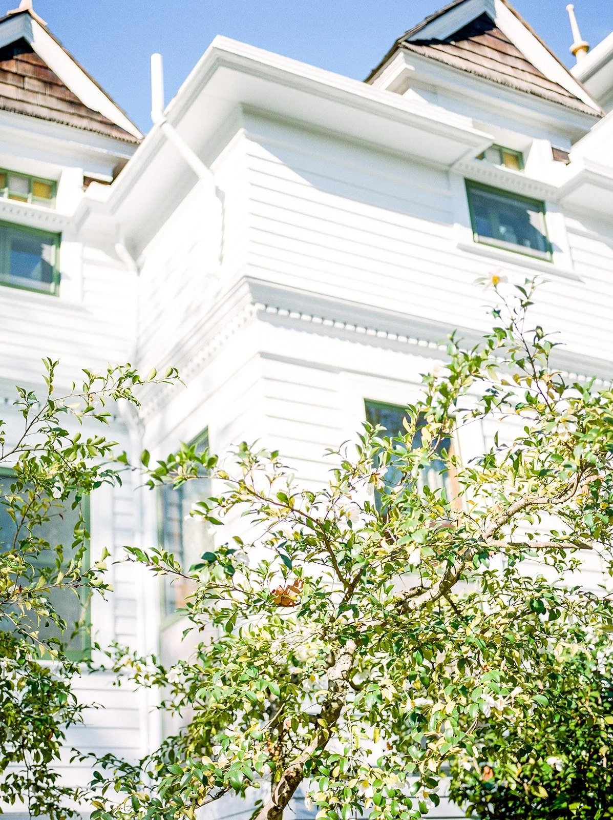 Historic white Victorian mansion surrounded by leafy gardens at Deepwood Museum &amp; Gardens wedding venue in Oregon.