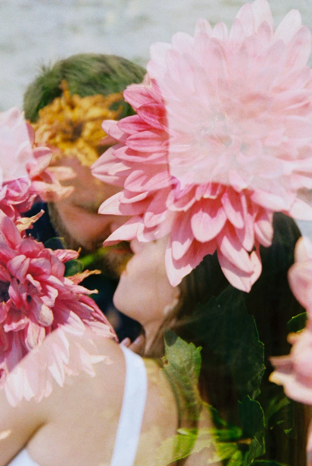 Close-up of couple partially hidden behind large pink flowers, creating a soft, layered foreground effect.