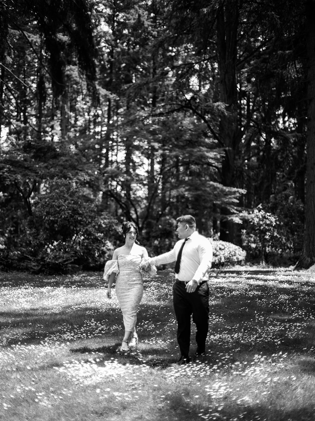 Black and white photo of the bride and groom walking hand-in-hand across a daisy-scattered lawn beneath towering fir trees at The Grotto