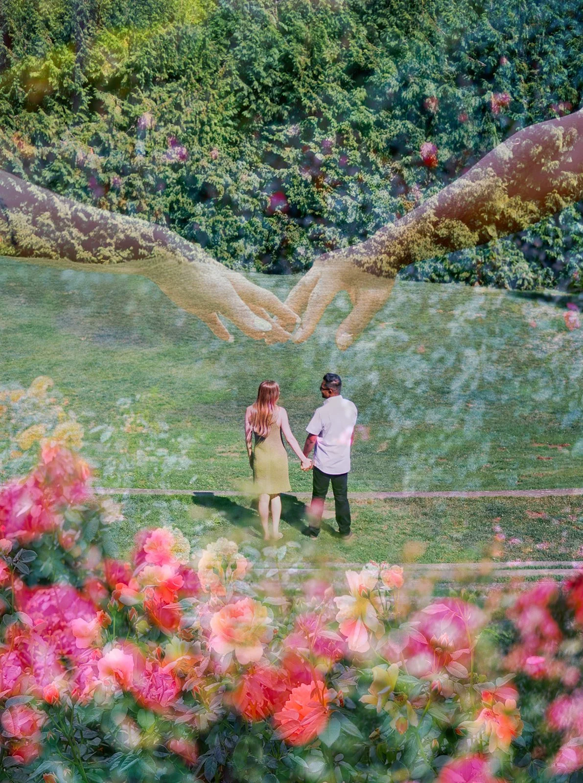 A dreamy double-exposure of a couple walking hand-in-hand across a lawn, layered with reaching hands and blooming pink roses.