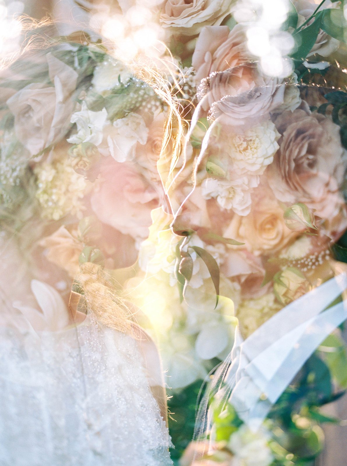 Double-exposure portrait of the bride and groom layered with soft wedding flowers
