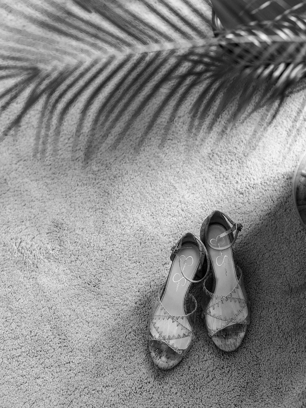 Black and white overhead shot of Jessica Simpson heeled sandals on carpet with palm leaf shadow
