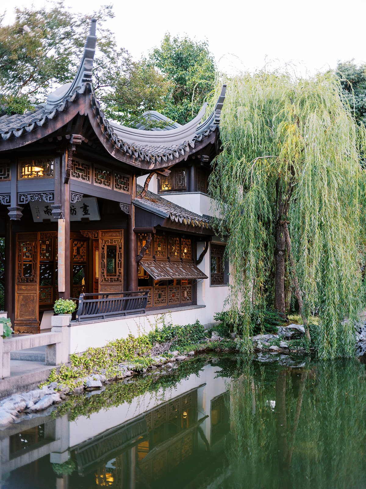The Painted Boat Studio building and its sweeping roofline reflected in the still green lake, flanked by a weeping willow tree.