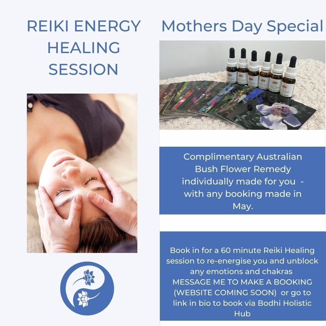 💙Mothers Day special 💙Book a 60 minute Reiki Energy Healing Session in the month of May 2023 and receive a complimentary Australian Bush Flower remedy made individually for you 💙Message me to book or go to the link in my bio to book directly with 