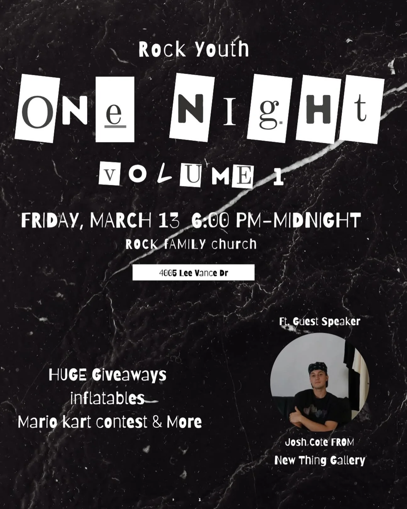 Some nights are just events. Some nights shift things.

March 13 is different. One Night Vol. 1 
6PM&ndash;Midnight

A space for students to show up, have insane fun, and encounter something real.

Huge giveaways. Inflatables. Mario Kart contest. Ene