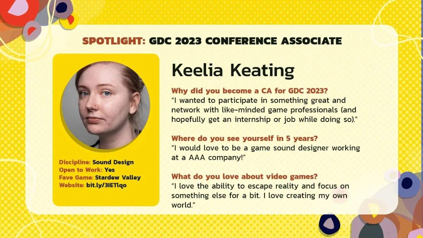 In a couple of weeks, I'm going to be a conference associate at the Game Developer's Conference in San Francisco. They posted this spotlight to their official Twitter. Can't wait to participate and learn as much as I can. 

#gdc2023 #gamedevelopersco