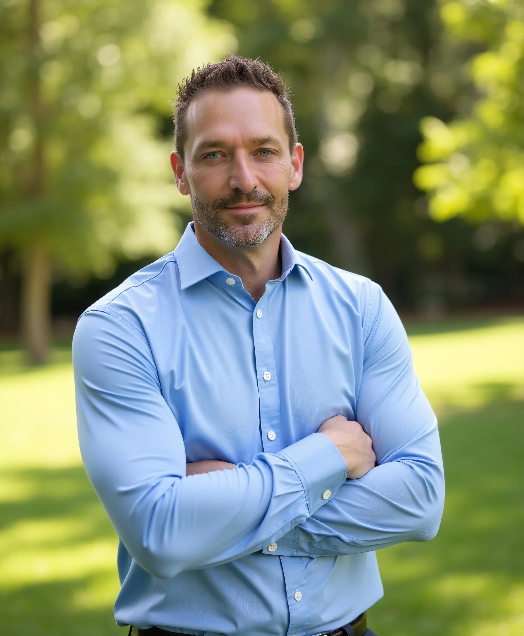 A confident man with crossed arms posing outdoors in a park with green trees in the background, wearing a light blue button-up shirt.