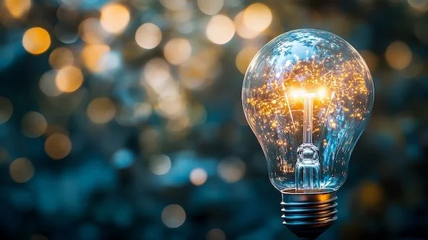 An illuminated incandescent lightbulb with an brightly lit, blurry background.