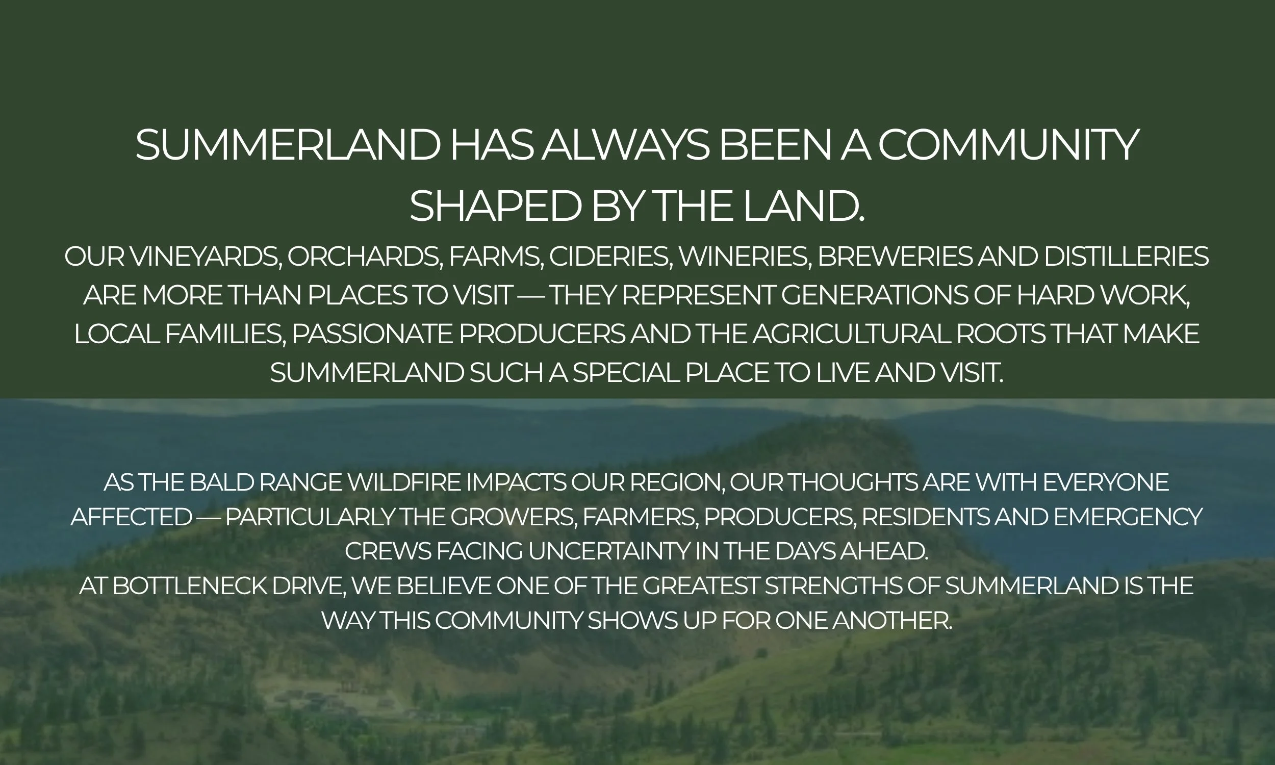 A scenic landscape of green hills with a message about Summerland's community, land, and agricultural roots.