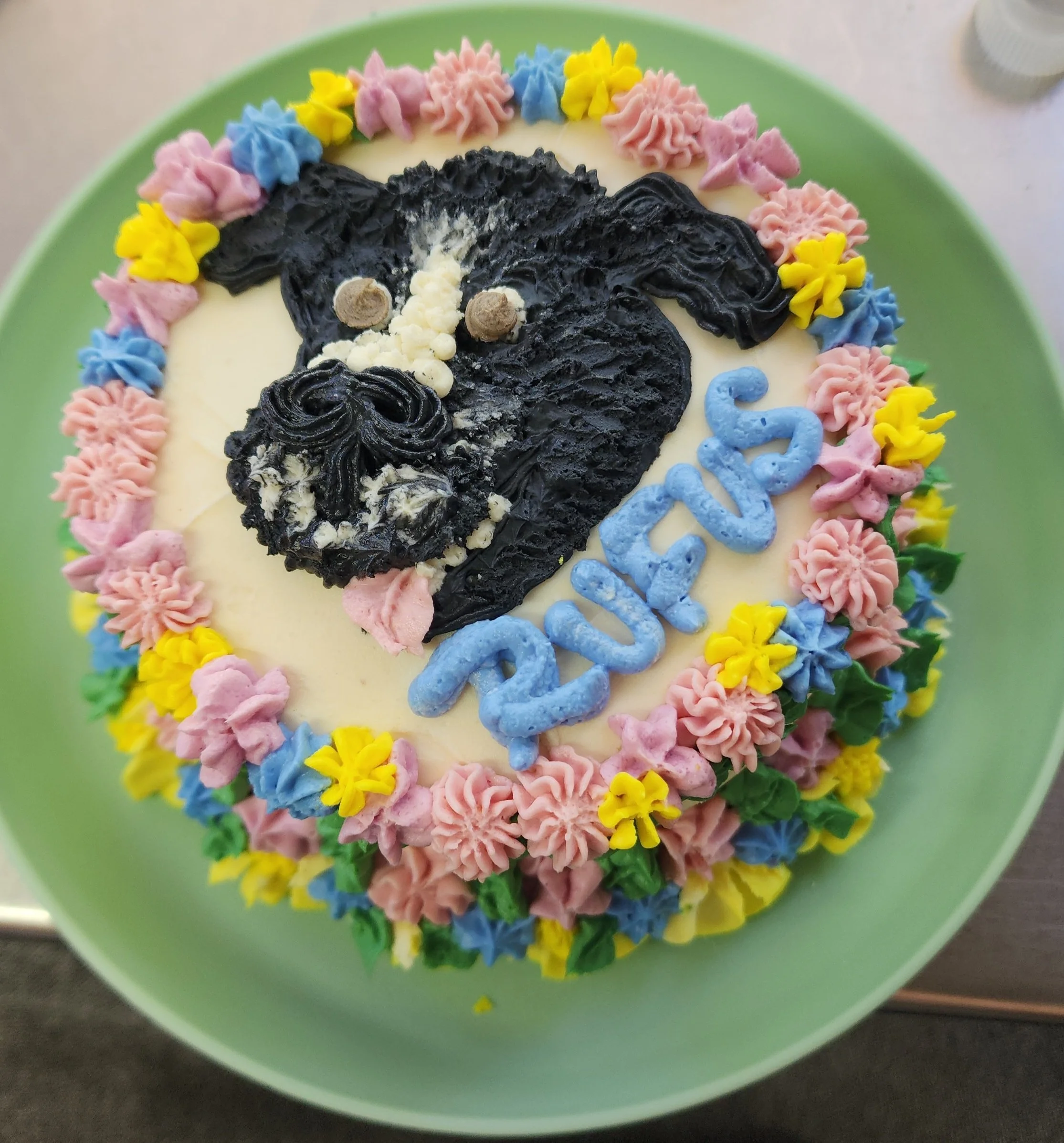 A cake decorated with colorful piped frosting in pink, yellow, blue, white, and black. The black frosting forms a horse head with white details, and there are small decorative elements surrounding it. The cake is on a green plate.