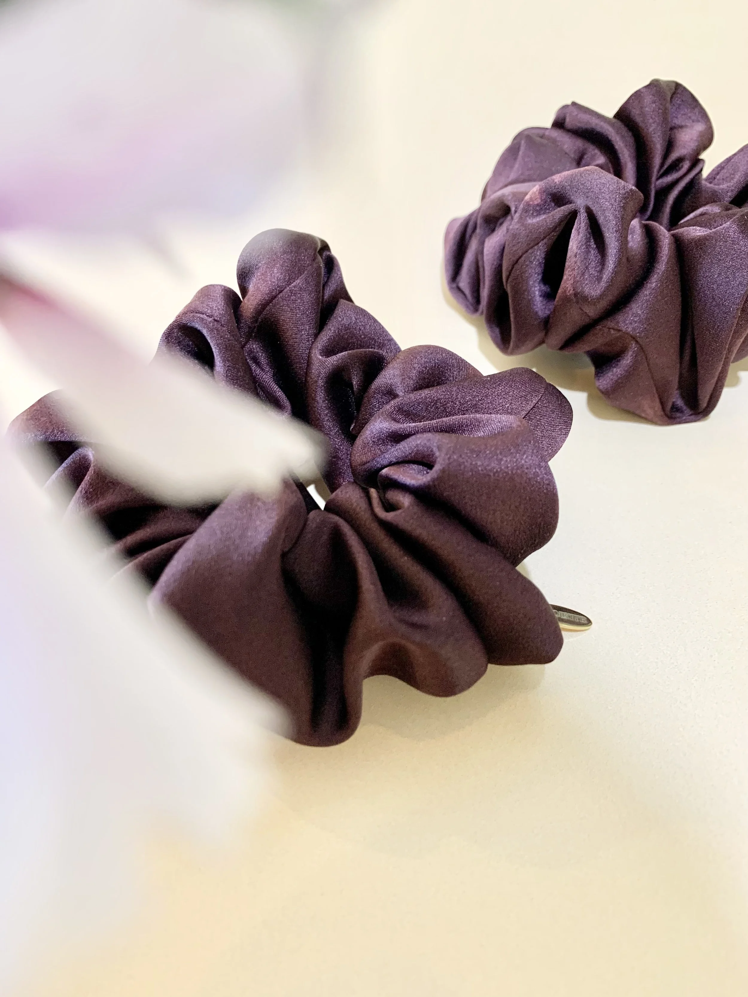Violette silk accessories and gifts - naturally dyed with botanicals and blooms - Australian Made - Midnight Plum Petite Silk Scrunchie 2.jpeg