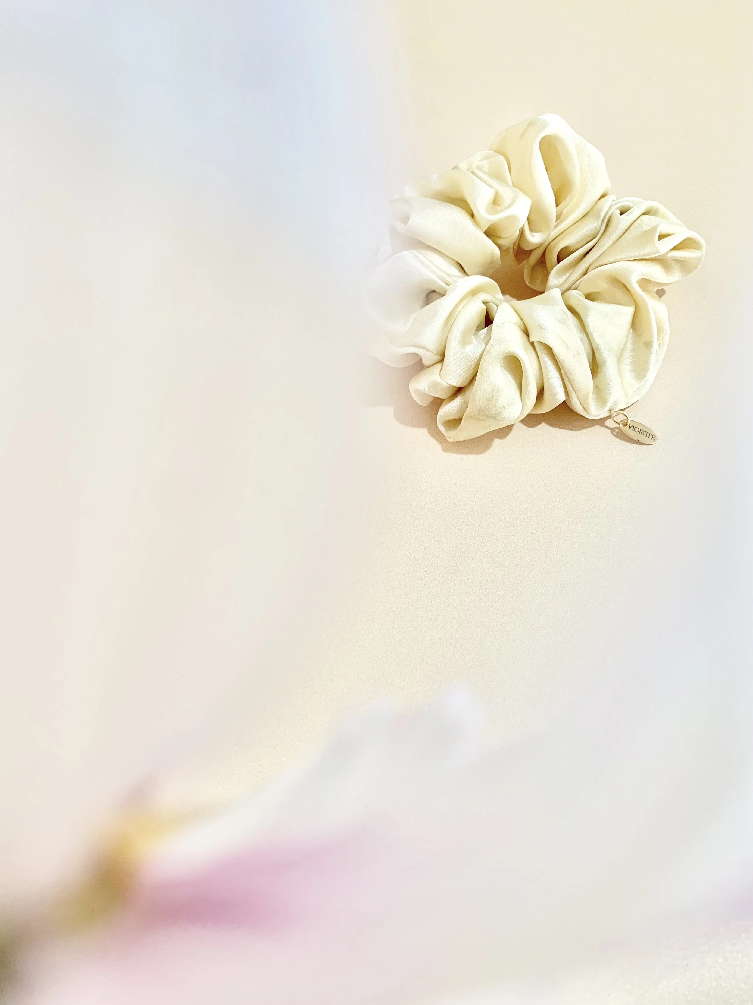 Violette silk accessories and gifts - naturally dyed with botanicals and blooms - Australian Made - Meadowsweet Petite Silk Scrunchie 2.jpeg