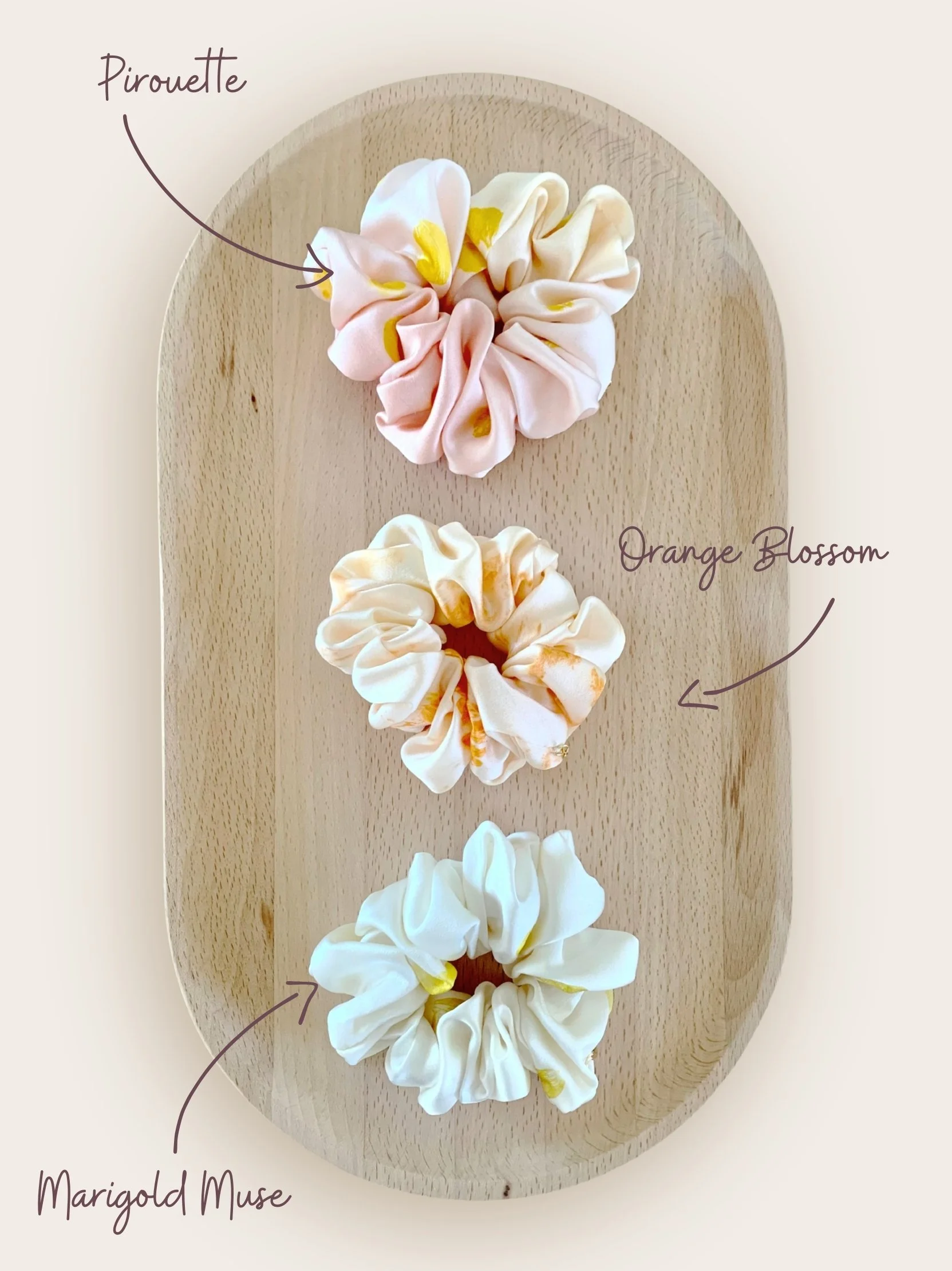 Violette mulberry silk accessories and gifts - naturally dyed with botanicals and blooms - Australian Made - Silk Scrunchie - Pirouette, Orange Blossom, Marigold Muse Labelled.jpg