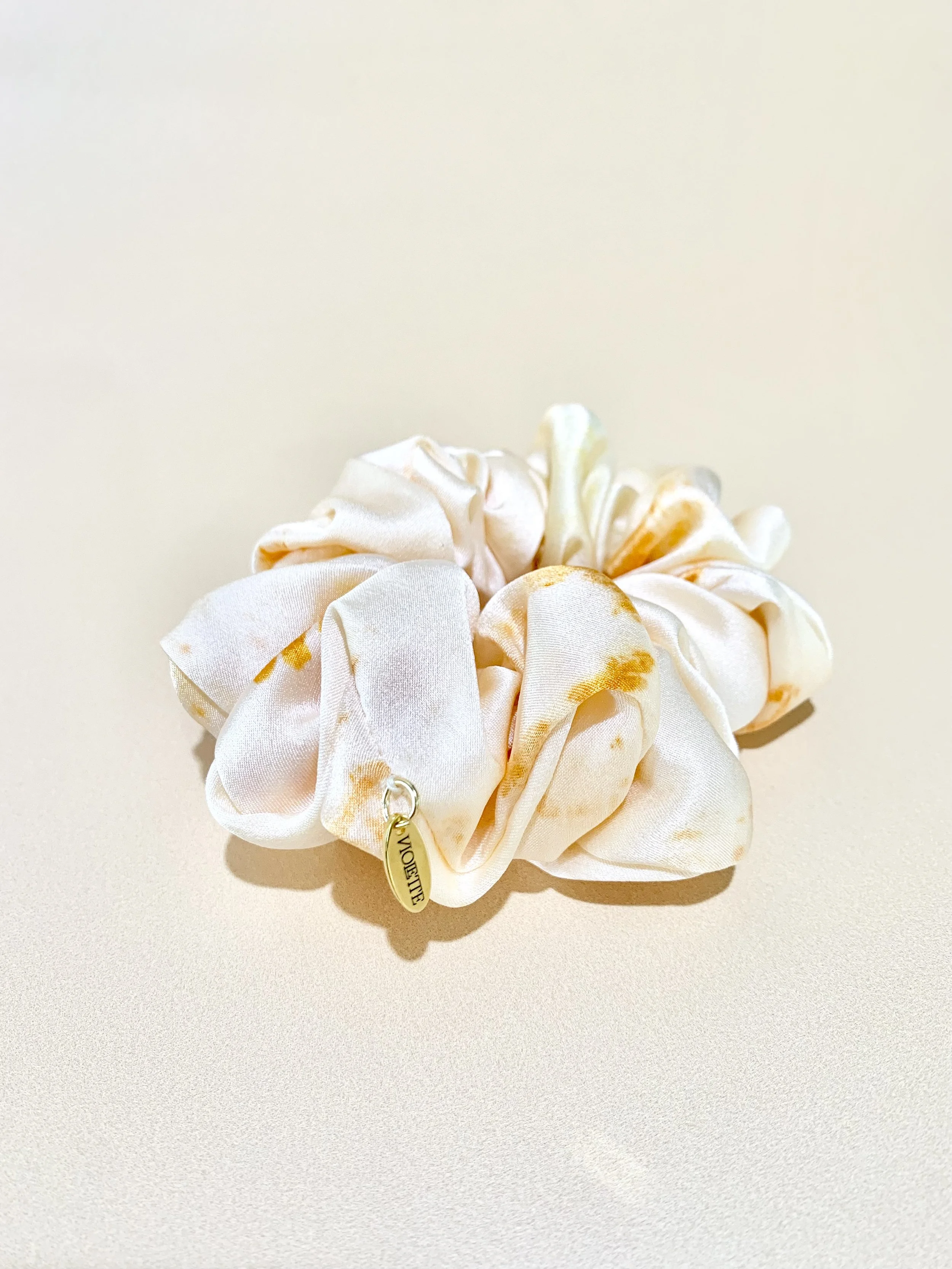 Violette silk accessories and gifts - naturally dyed with botanicals and blooms - Australian Made - Orange Blossom Petite Silk Scrunchie 2.jpeg