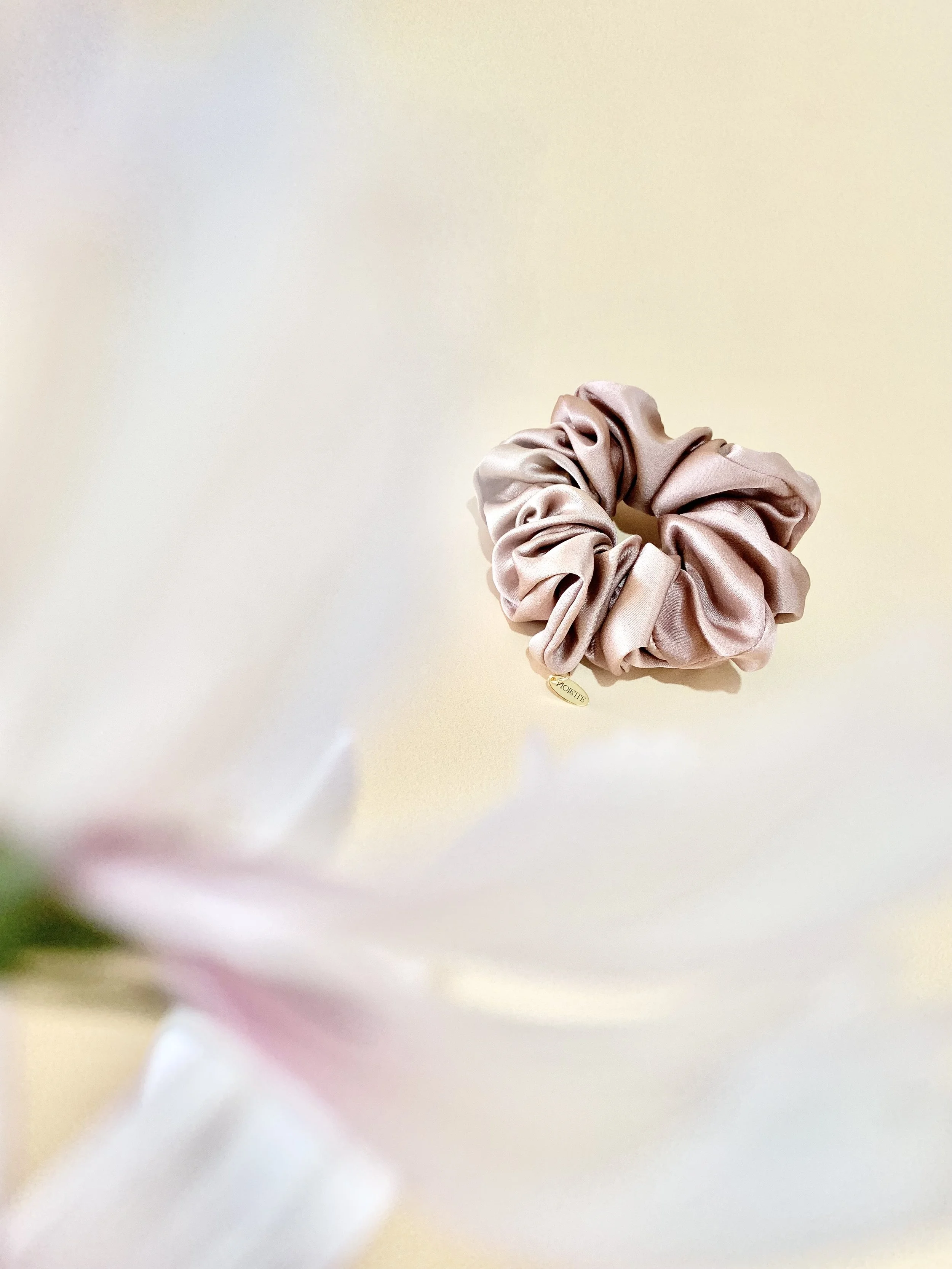Violette silk accessories and gifts - naturally dyed with botanicals and blooms - Australian Made - Lavender Ash Petite Silk Scrunchie 1.jpeg