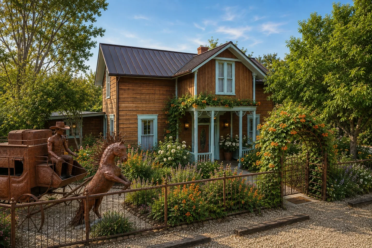 A two-story wooden house with a metal roof, surrounded by lush greenery and colorful flowers, featuring a porch with decorative trim and windows with white frames.